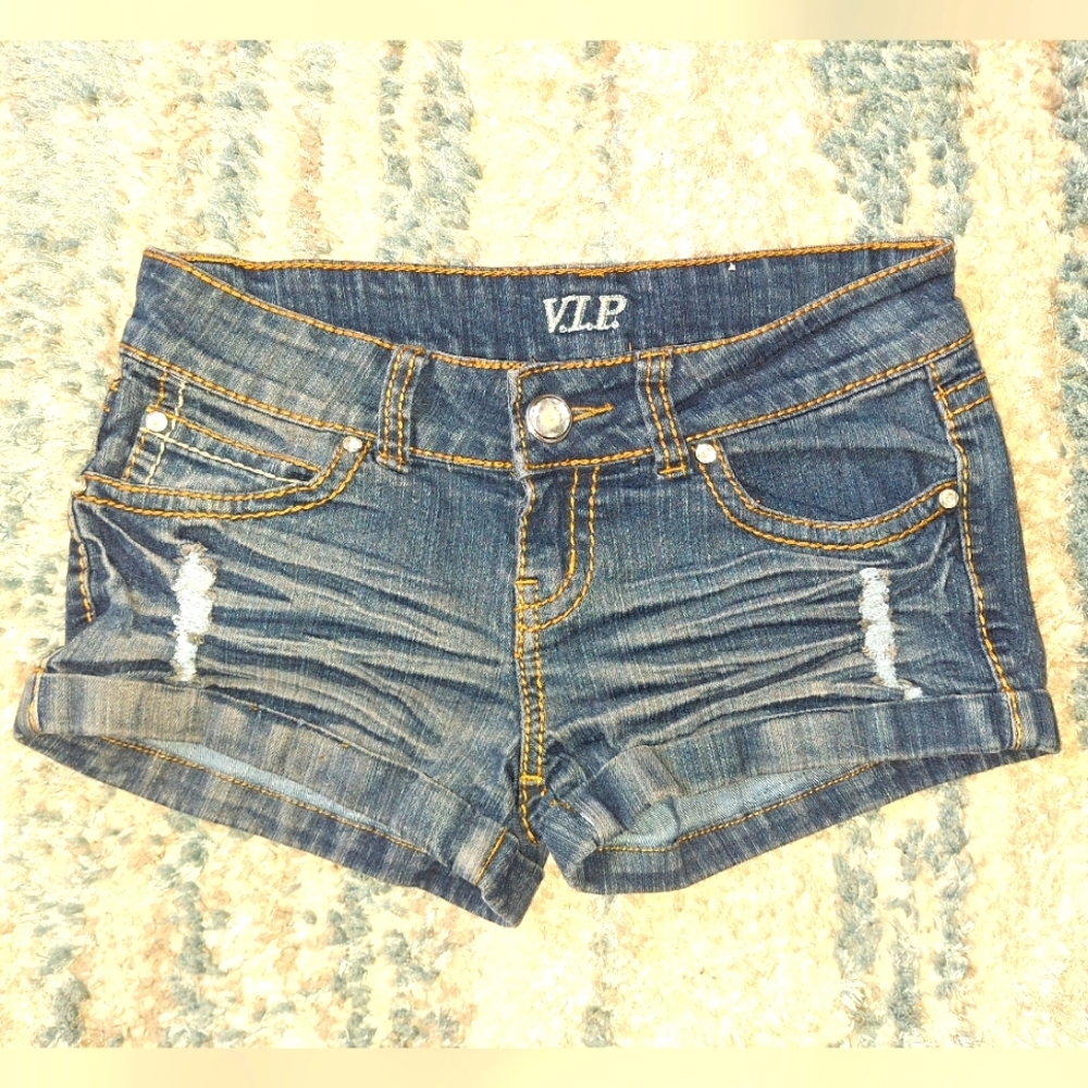 VIP Blue Jean Mini Shorts Animal Print Pockets sz 5 6 EUC